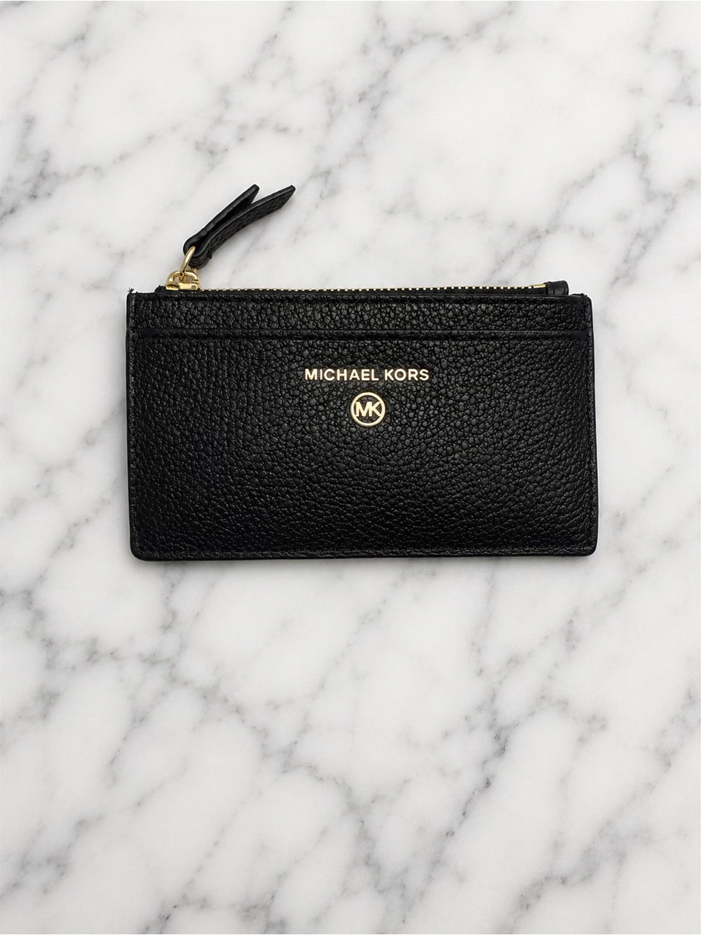Michael Kors Black Pebbled Leather Zip Card Holder with Gold Hardware